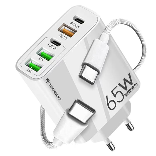 Network Charger with USB-C Cable Techsuit CHC2 PentaXPower, 20W, 3A, 3 x USB-A - 2 x USB-C, White