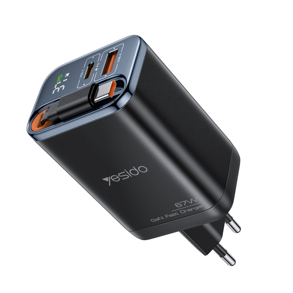 Chargeur réseau avec câble USB-C Yesido YC100 Display, 67W, 3.35A, 1 x USB-A - 1 x USB-C, Noir