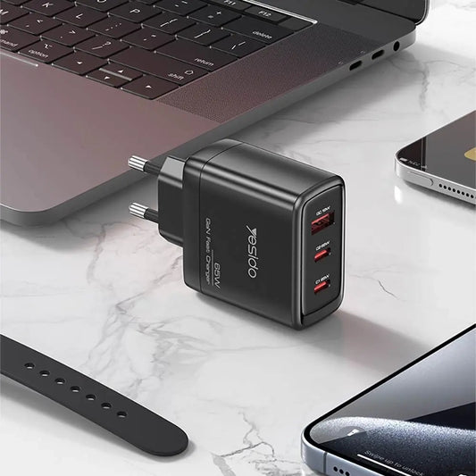 Chargeur Secteur avec Câble USB-C Yesido YC144C, 65W, 3.25A, 1 x USB-A - 2 x USB-C, Noir