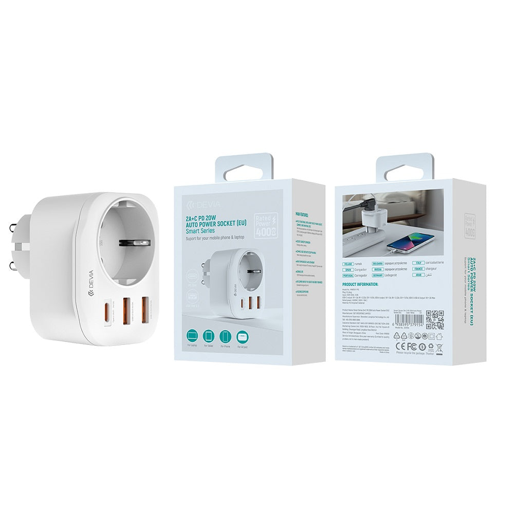 Netwerkoplader DEVIA WW09-F-PD, 20W, 3A, 2 x USB-A - 1 x USB-C - 1 x Schuko, Wit