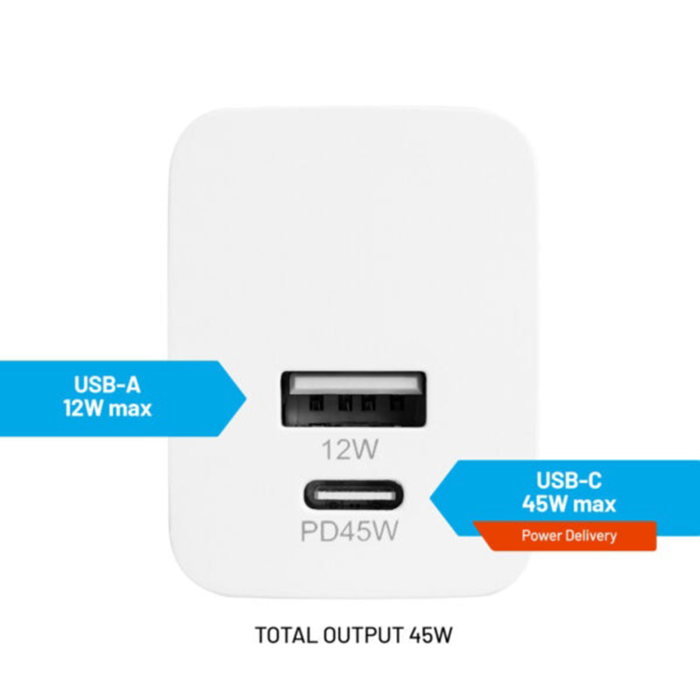 Netwerkoplader Fixed Mini, 45W, 3A, 1 x USB-A - 1 x USB-C, Wit
