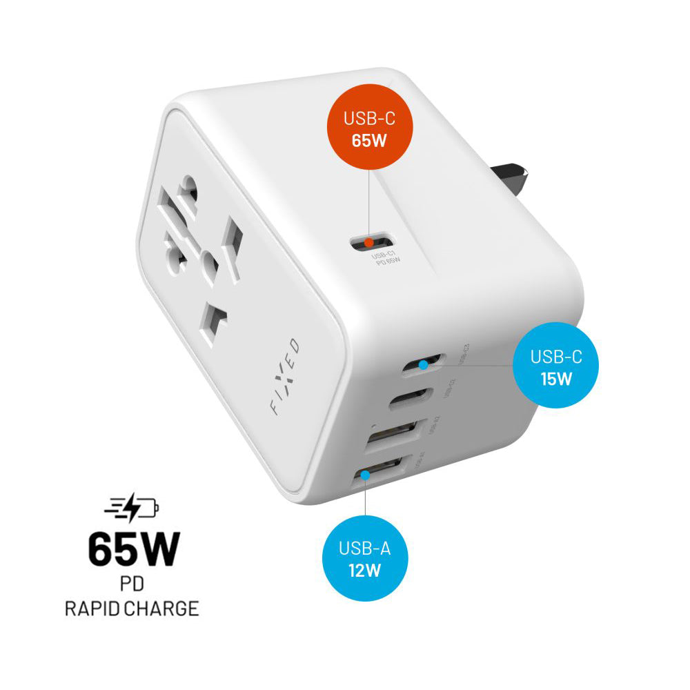 Netwerkoplader Fixed Travel, 65W, 3.25A, 2 x USB-A - 3 x USB-C, Wit