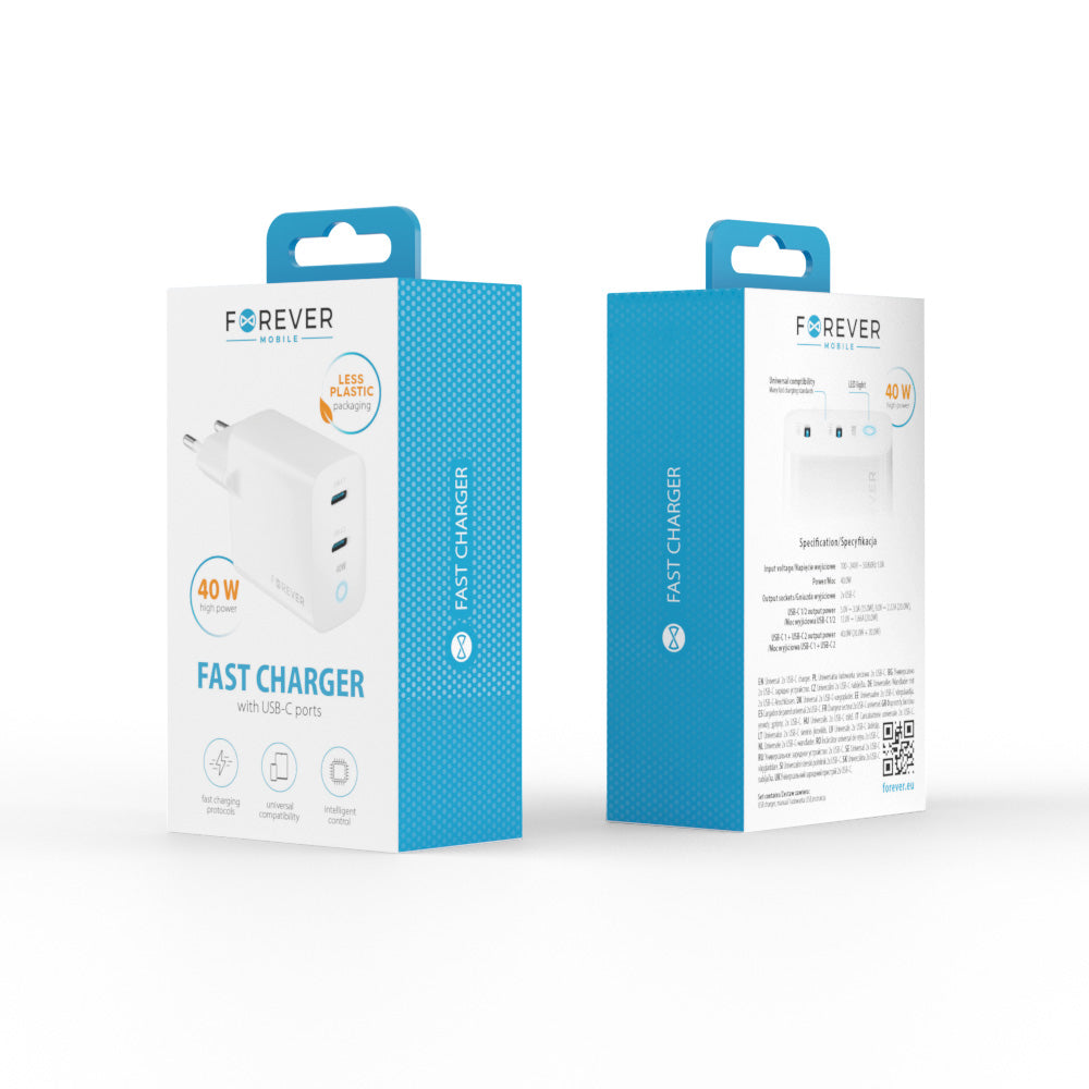 Forever Netwerkoplader TC-06-40CC, 40W, 3A, 2 x USB-C, Wit 