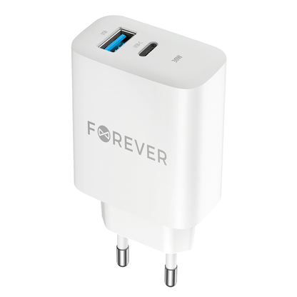 Chargeur réseau Forever TC-07-30AC, 30W, 3A, 1 x USB-A - 1 x USB-C, blanc