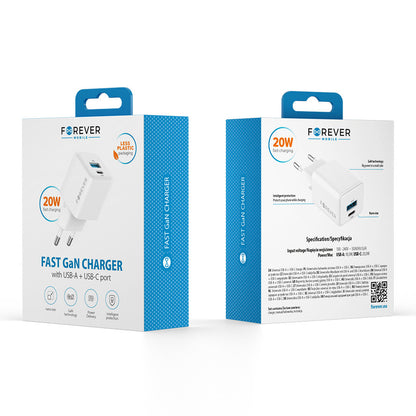 Netzladegerät Forever TC-08-20AC, 20W, 3A, 1 x USB-A - 1 x USB-C, Weiß