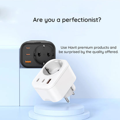 Chargeur Réseau HAVIT UC142, 30W, 3A, 1 x USB-A - 2 x USB-C - 1 x Schuko, Noir