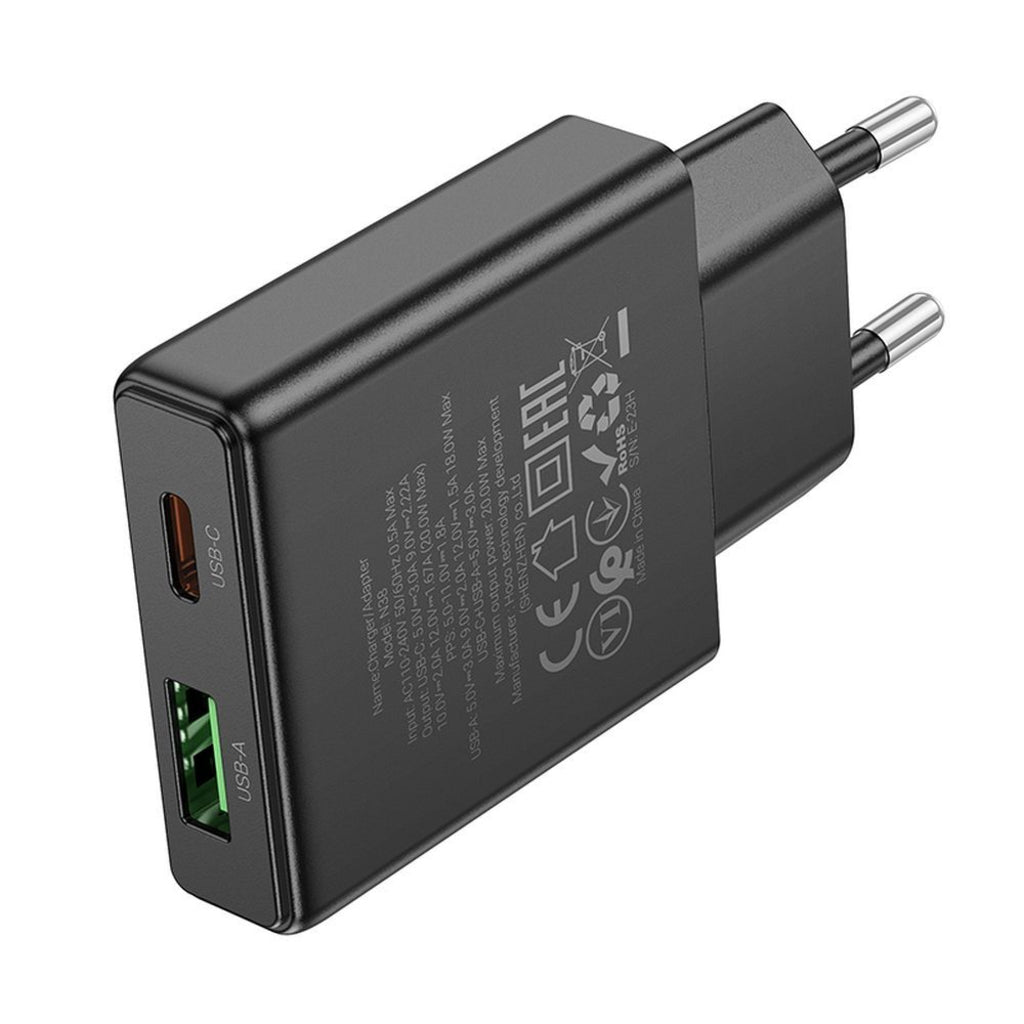 Chargeur Réseau HOCO N38, 20W, 3A, 1 x USB-A - 1 x USB-C, Noir