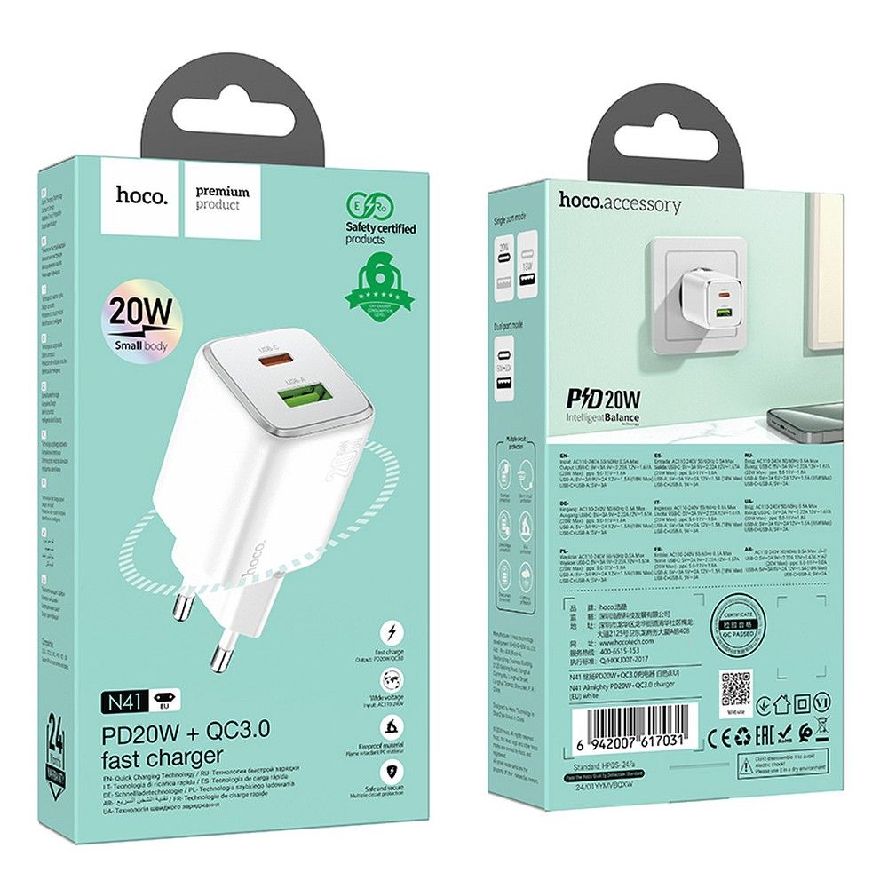 Chargeur Réseau HOCO N41, 20W, 3A, 1 x USB-A - 1 x USB-C, Blanc