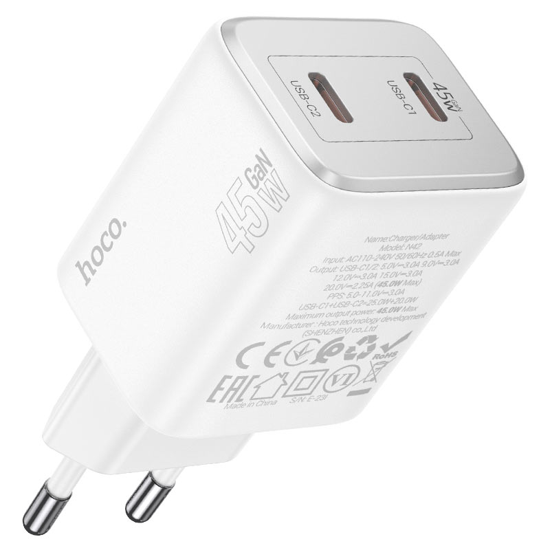 Chargeur réseau HOCO N42, 45W, 3A, 2 x USB-C, blanc 