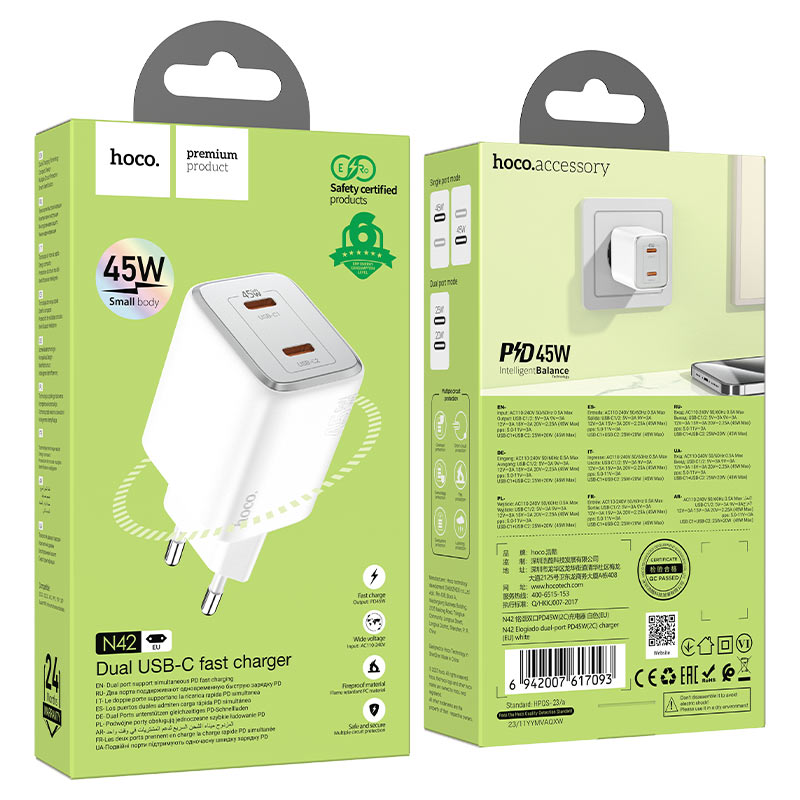 Chargeur réseau HOCO N42, 45W, 3A, 2 x USB-C, blanc 