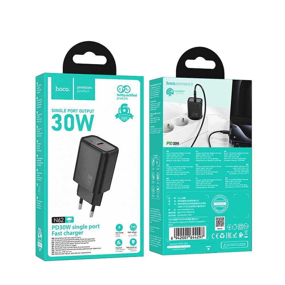 Chargeur Réseau HOCO N62, 30W, 3A, 1 x USB-C, Noir