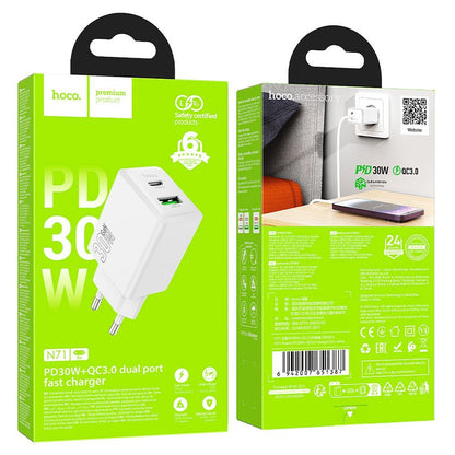 Netwerkoplader HOCO N71, 30W, 3A, 1 x USB-A - 1 x USB-C, Wit