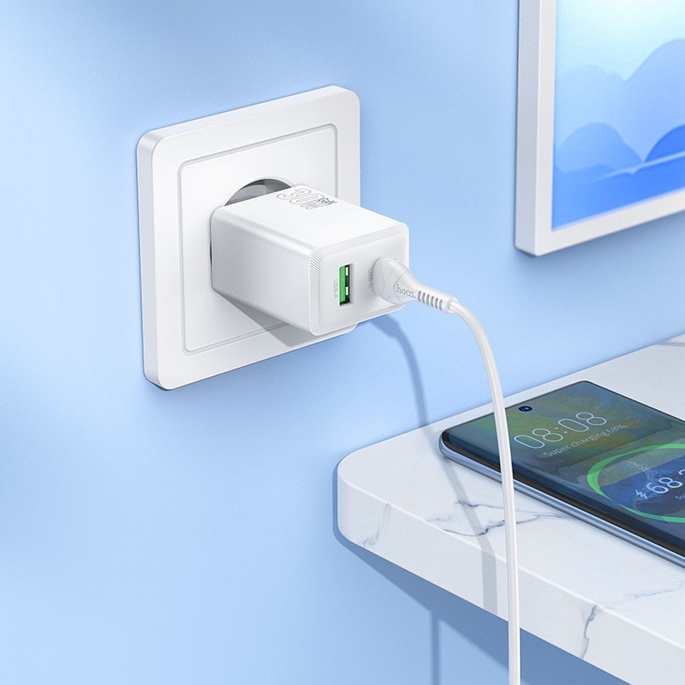 Netwerkoplader HOCO N71, 30W, 3A, 1 x USB-A - 1 x USB-C, Wit
