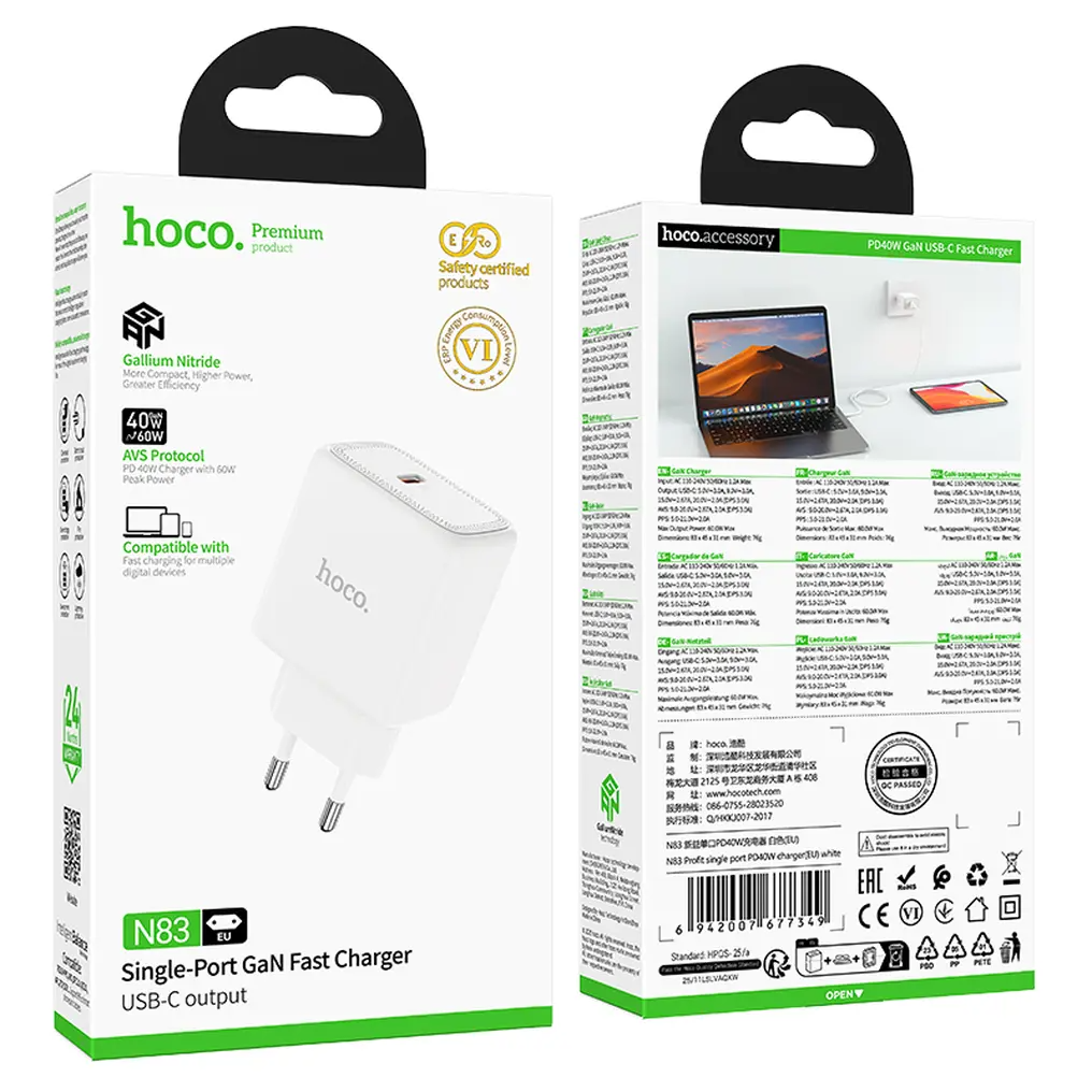 HOCO N83 Netlader, 40W, 3A, 1 x USB-C, Wit