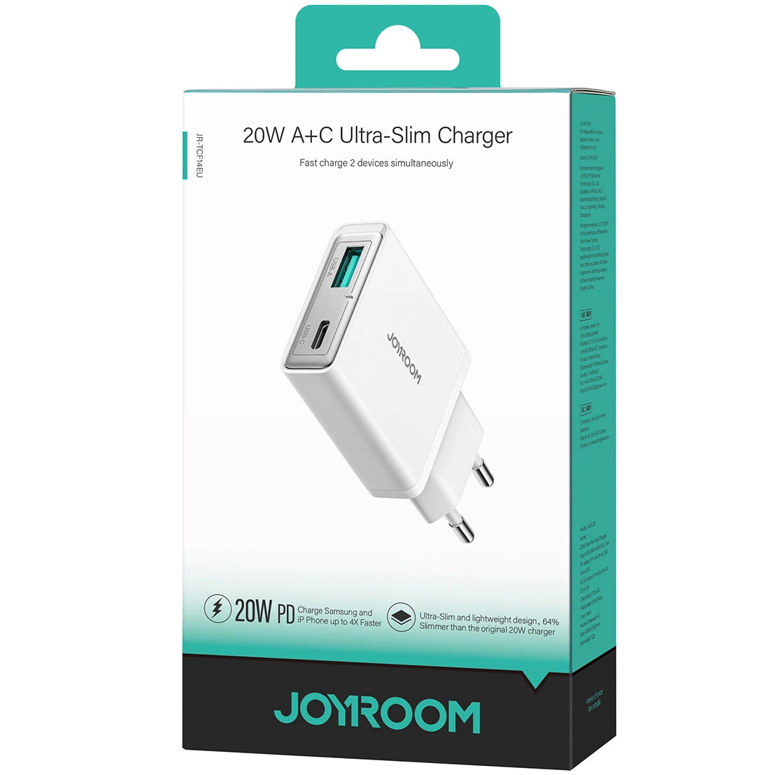 Chargeur réseau Joyroom JR-TCF14, 20W, 3A, 1 x USB-A - 1 x USB-C, blanc 