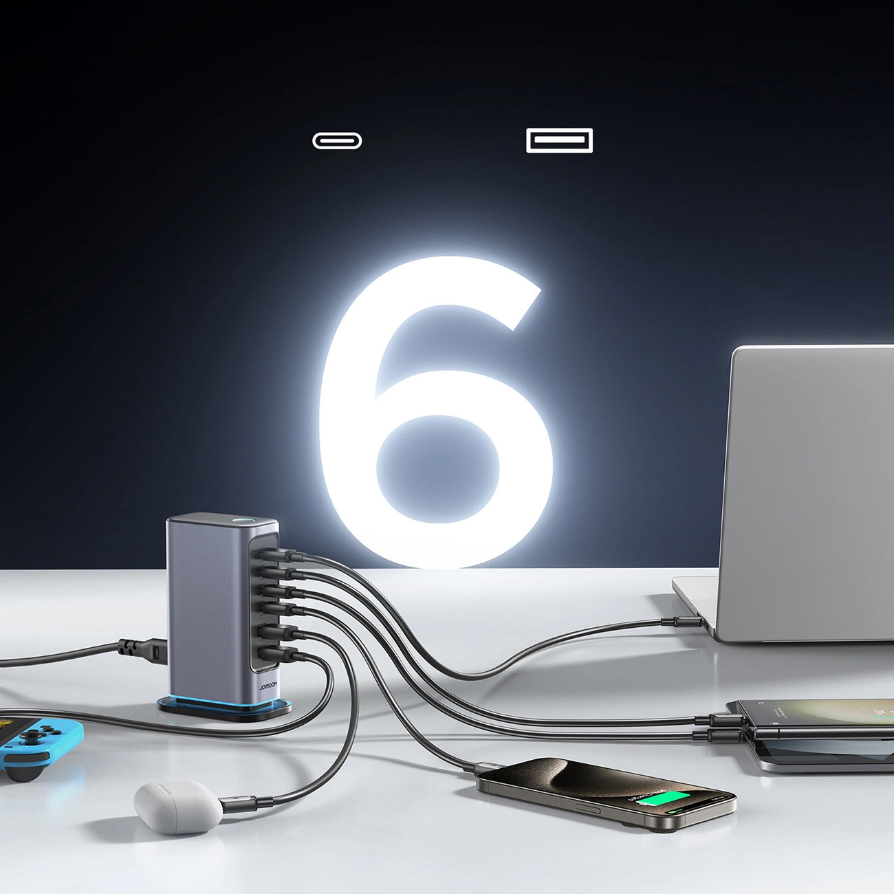 Oplaadstation Joyroom JR-TCM02, 65W, 3.25A, 2 x USB-A - 4 x USB-C, Gri