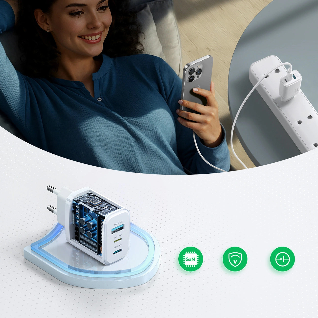 Chargeur secteur Joyroom JR-TG6, 30W, 3A, 1 x Lightning - 1 x USB-A - 1 x USB-C, Blanc