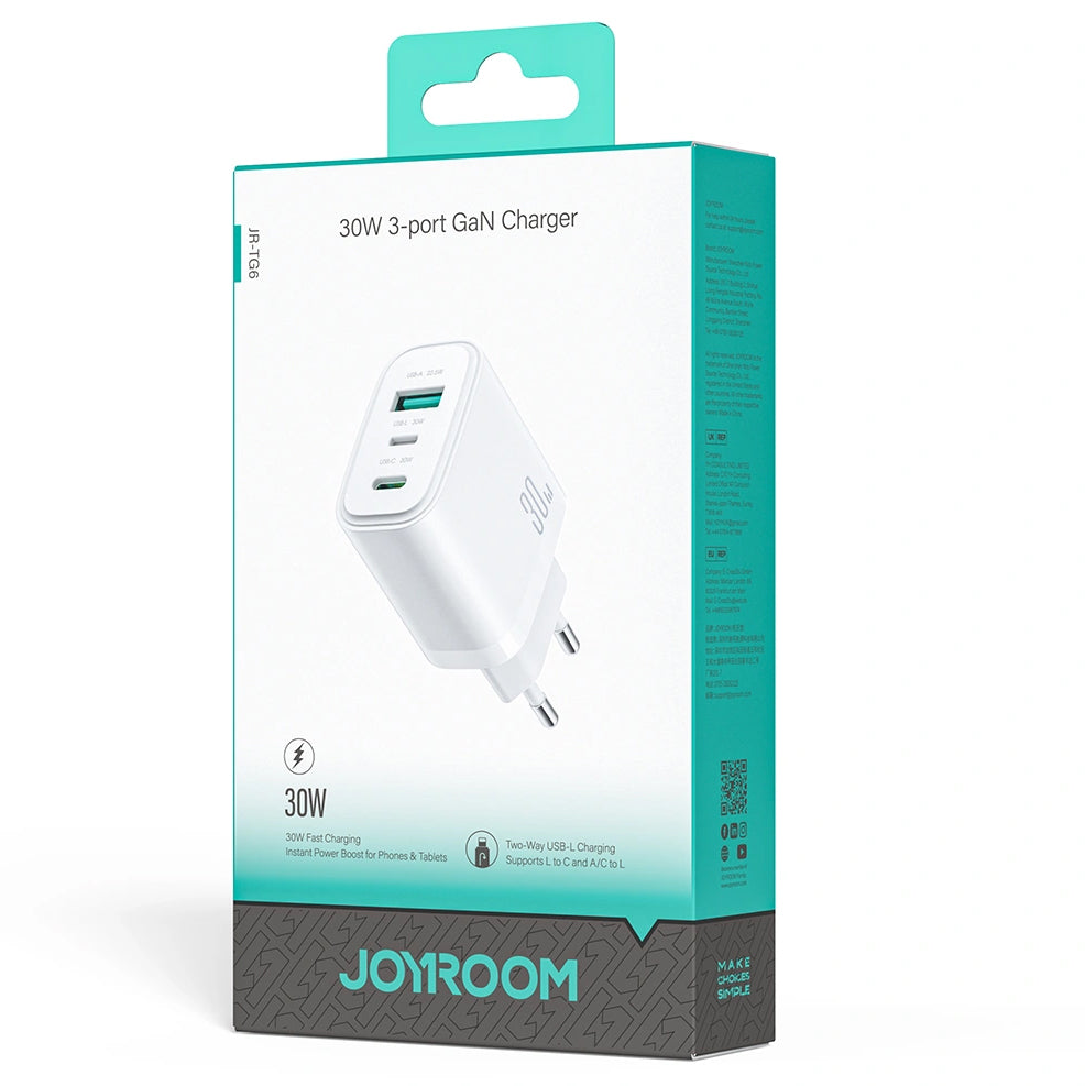 Chargeur secteur Joyroom JR-TG6, 30W, 3A, 1 x Lightning - 1 x USB-A - 1 x USB-C, Blanc