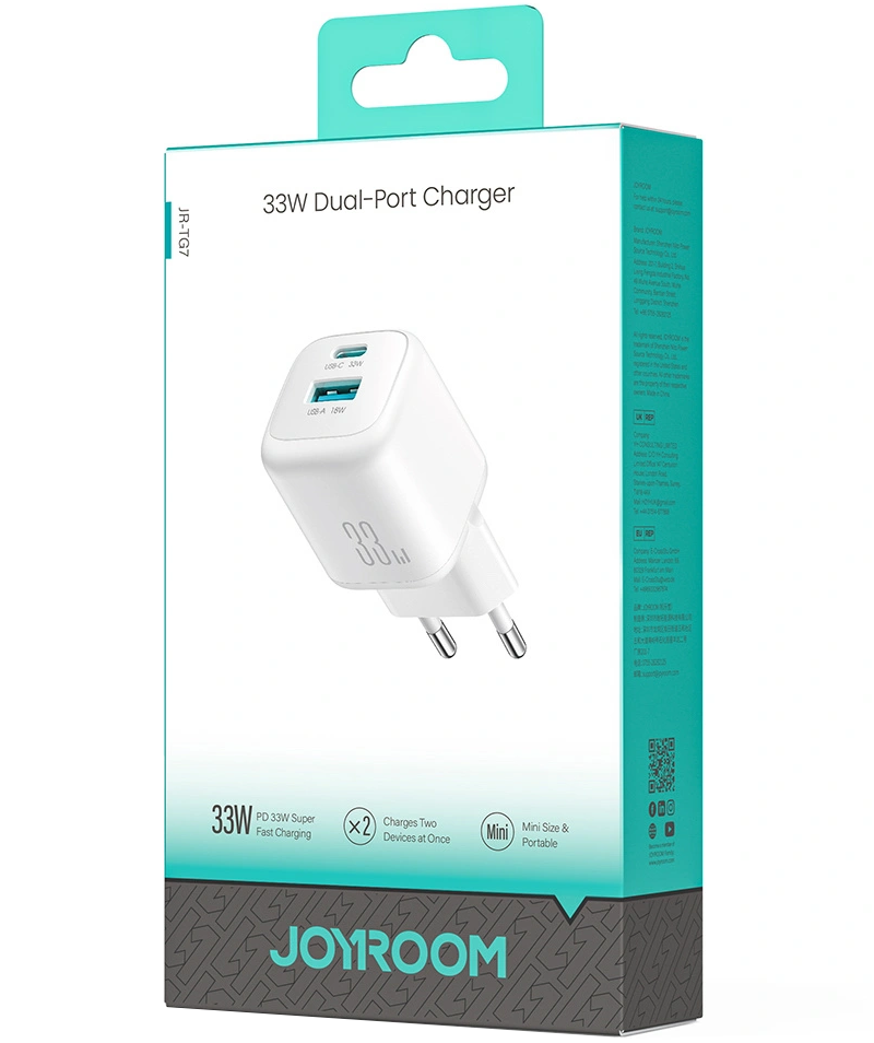 Netwerkoplader Joyroom JR-TG7, 33W, 3A, 1 x USB-A - 1 x USB-C, Wit