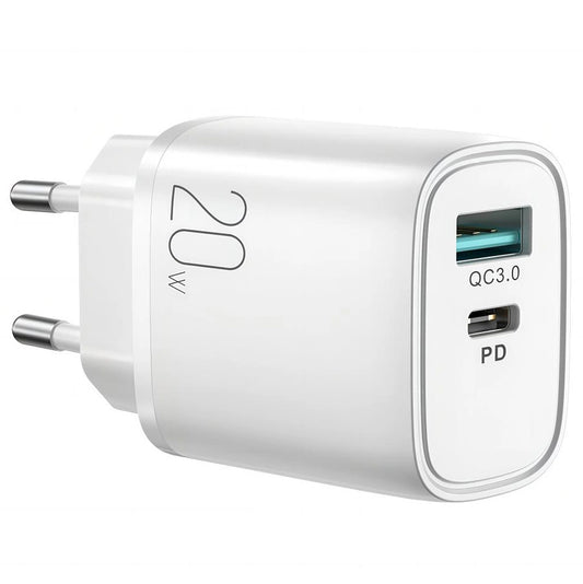 Joyroom L-QP2011 Netwerkoplader, 20W, 3A, 1 x USB-A - 1 x USB-C, Wit 