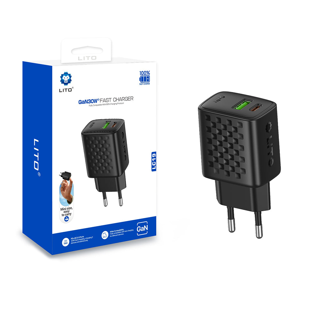 Lito LC19 Netwerkoplader, 30W, 3A, 1 x USB-A - 1 x USB-C, Zwart