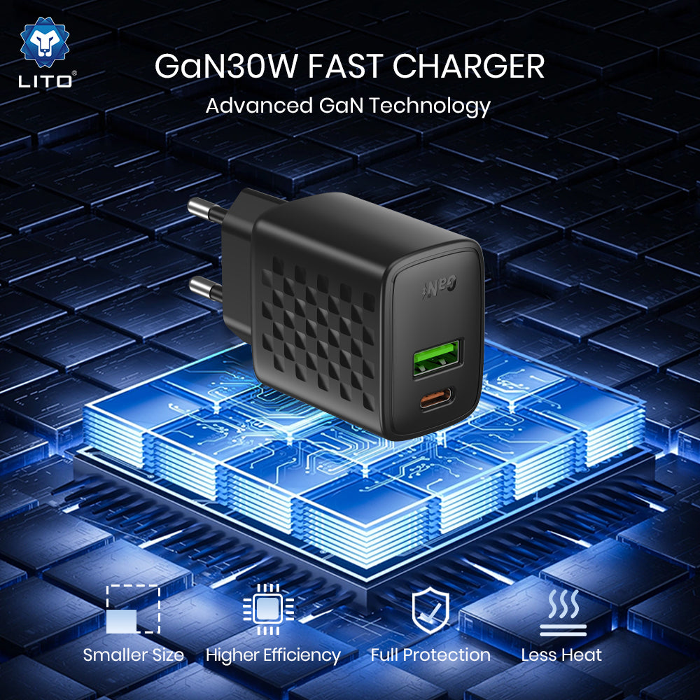 Lito LC19 Netwerkoplader, 30W, 3A, 1 x USB-A - 1 x USB-C, Zwart