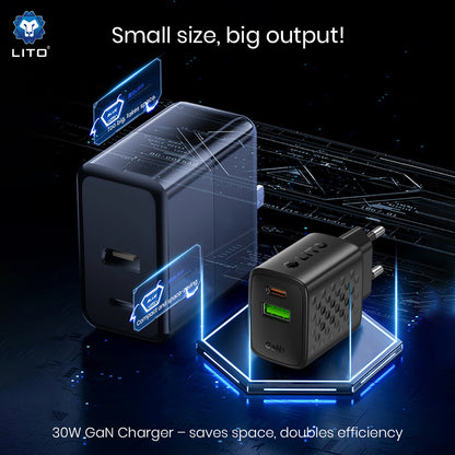 Lito LC19 Netwerkoplader, 30W, 3A, 1 x USB-A - 1 x USB-C, Zwart