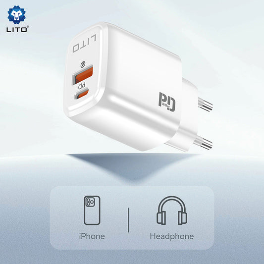 Netwerkoplader Lito LC28, 20W, 3A, 1 x USB-A - 1 x USB-C, Wit