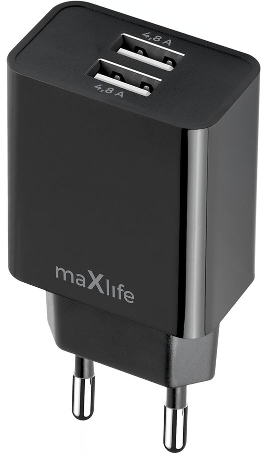 Chargeur Réseau MaXlife MXTC-12, 24W, 2.4A, 2 x USB-A, Noir