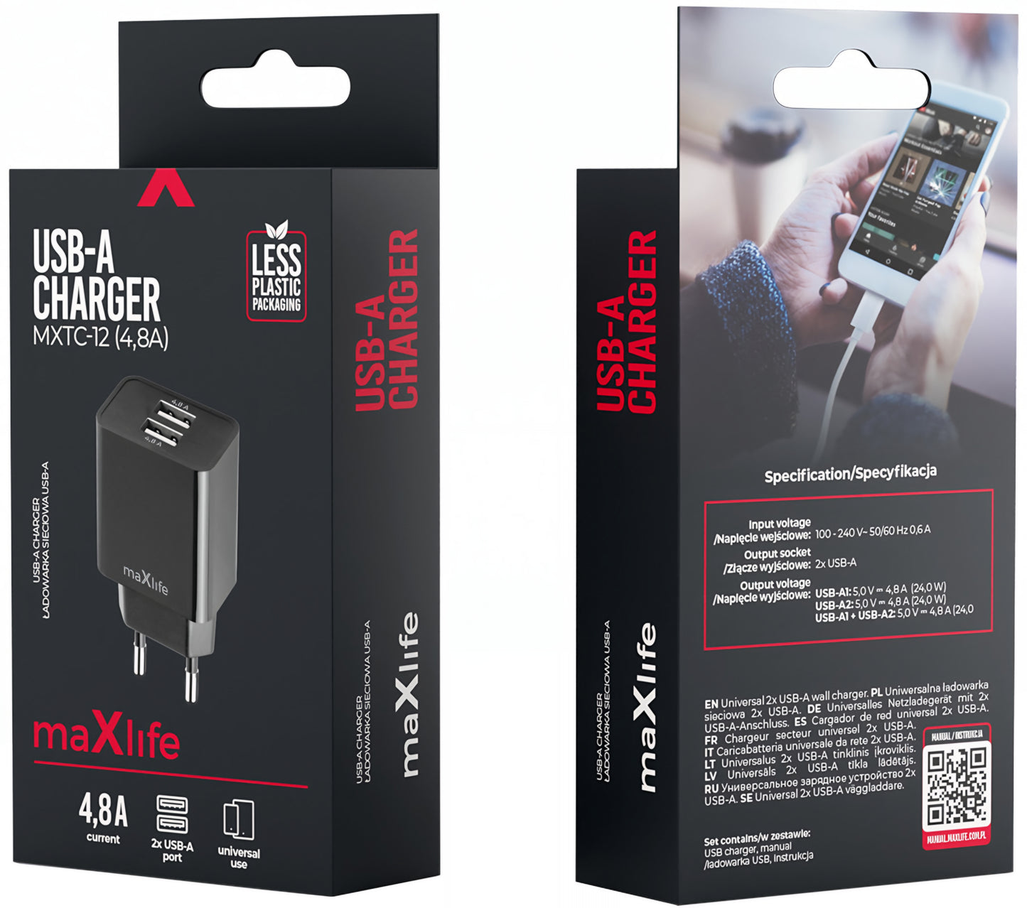 Netzladegerät MaXlife MXTC-12, 24W, 2.4A, 2 x USB-A, Schwarz