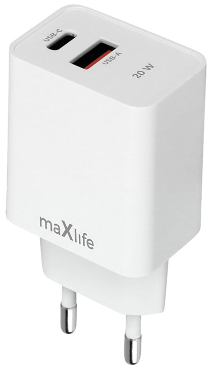 Netwerkoplader MaXlife MXTC-13-20AC, 20W, 3A, 1 x USB-A - 1 x USB-C, Wit