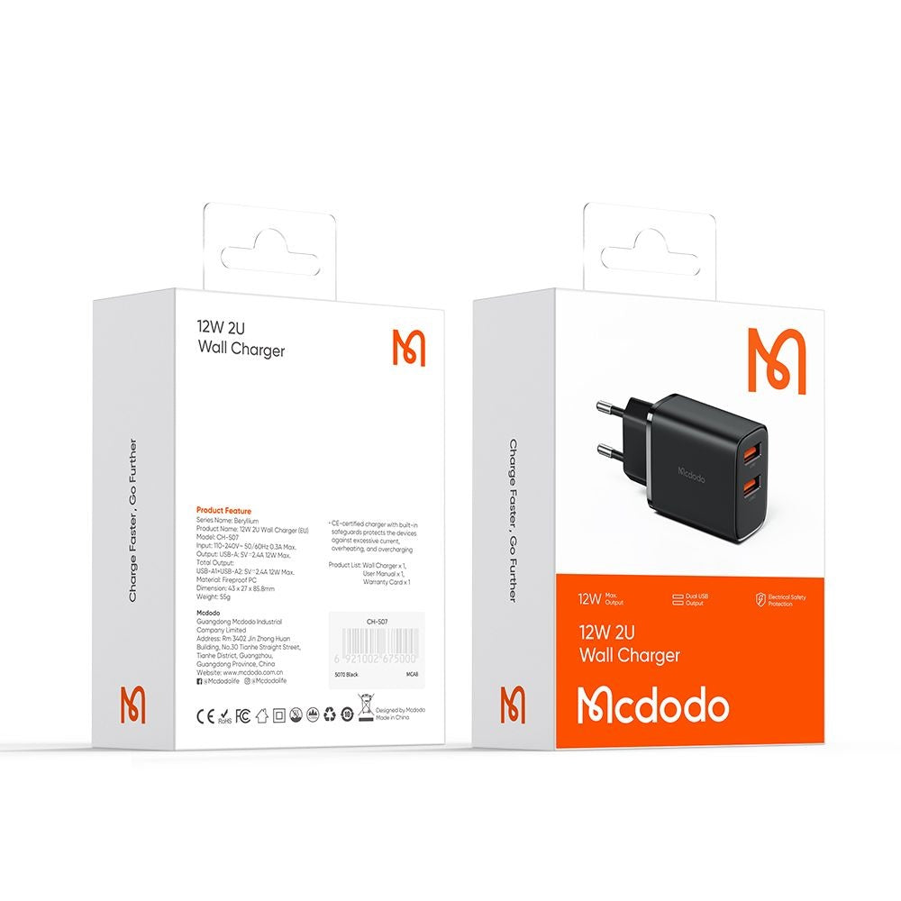 McDodo CH-5070 Beryllium Netwerkoplader, 12W, 2.4A, 2 x USB-A, Zwart