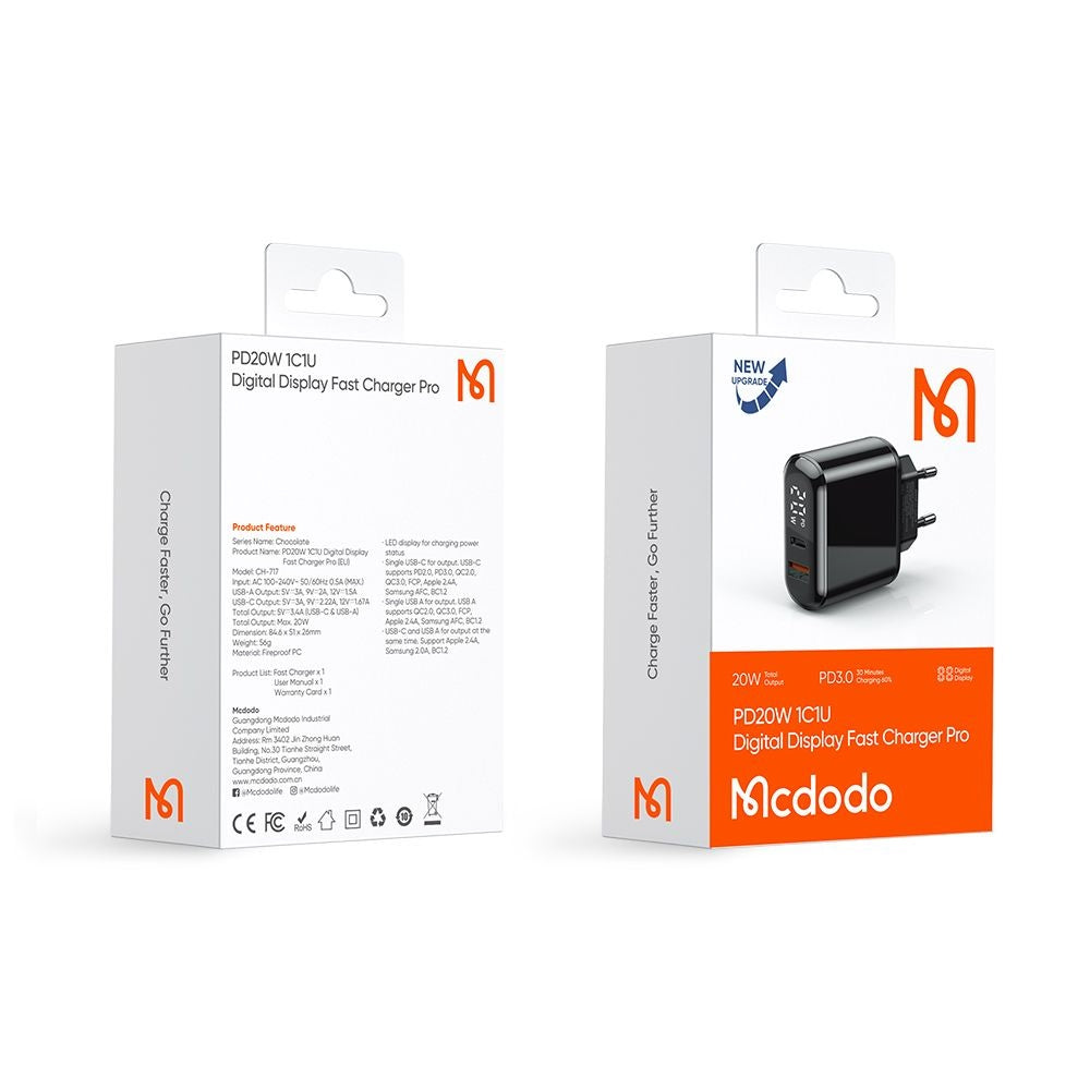 Netzladegerät McDodo CH-7170 Chocolate Display, 20W, 3A, 1 x USB-A - 1 x USB-C, Schwarz