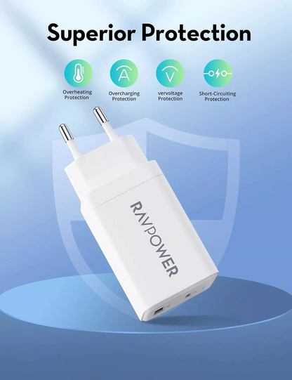 Chargeur secteur RavPower RP-PC171, 45W, 3A, 1 x USB-A - 1 x USB-C, Blanc