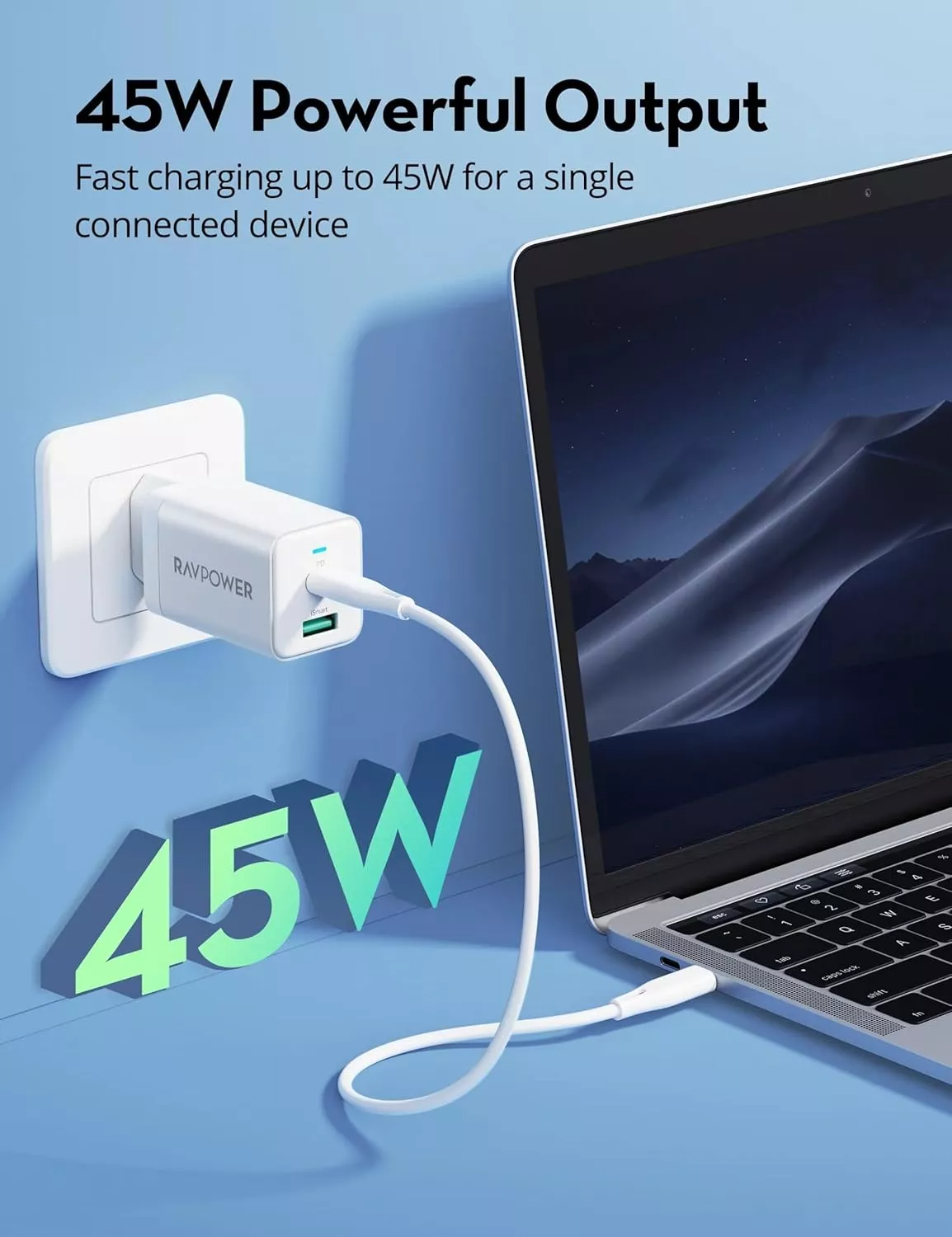 Chargeur secteur RavPower RP-PC171, 45W, 3A, 1 x USB-A - 1 x USB-C, Blanc