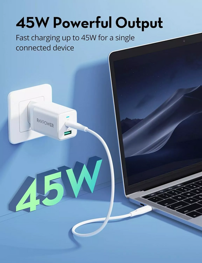 Chargeur secteur RavPower RP-PC171, 45W, 3A, 1 x USB-A - 1 x USB-C, Blanc
