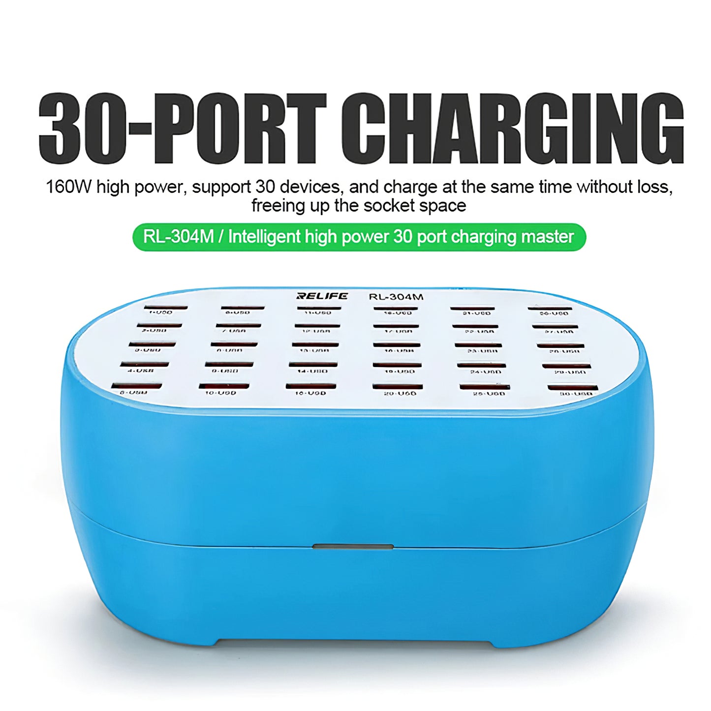 Chargeur réseau Relife RL-304M, 160W, 2.4A, 30 x USB-A, bleu