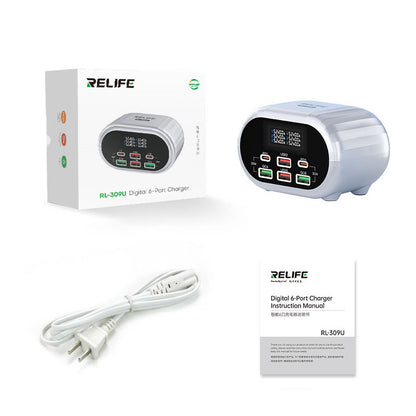 Netwerkoplader Relife RL-309U, 72W, 5A, 2 x USB-C - 4 x USB-A, Zilver 