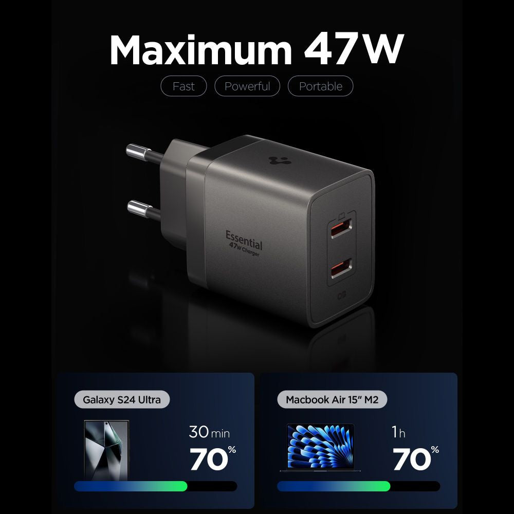 Chargeur secteur Spigen EE472EU Essential, 47W, 3A, 2 x USB-C, Gris ACH10450
