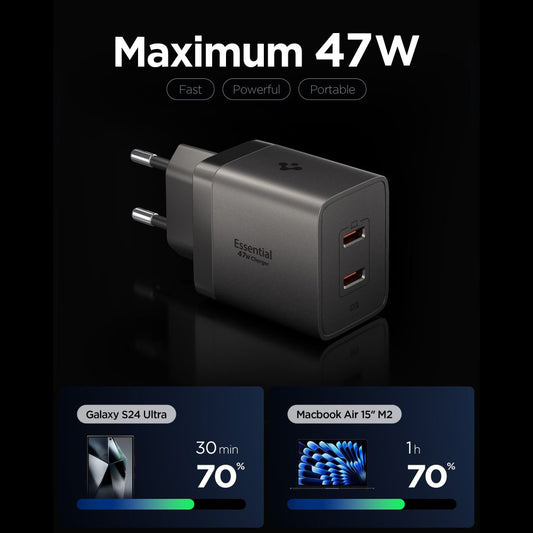 Spigen EE472EU Essential Netlader, 47W, 3A, 2 x USB-C, Grijs ACH10450