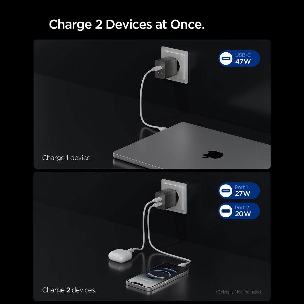 Chargeur secteur Spigen EE472EU Essential, 47W, 3A, 2 x USB-C, Gris ACH10450