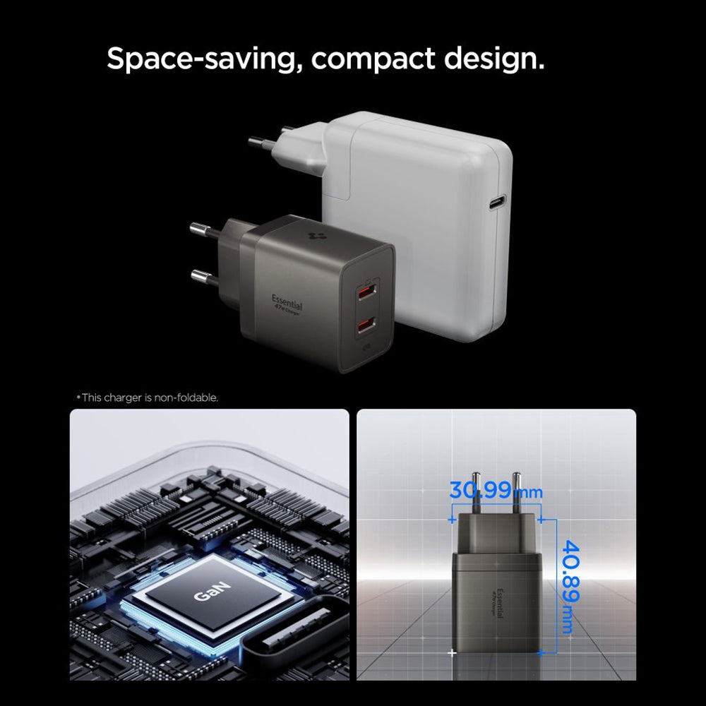 Chargeur secteur Spigen EE472EU Essential, 47W, 3A, 2 x USB-C, Gris ACH10450