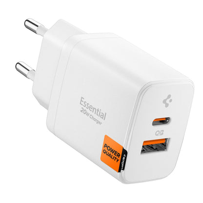 Chargeur Réseau Spigen Essential, 20W, 3A, 1 x USB-A - 1 x USB-C, Blanc ACH08704