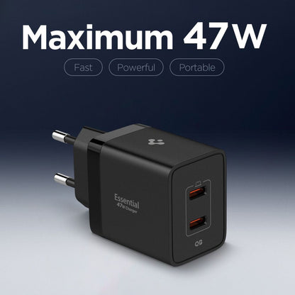 Spigen Essential Netzladegerät, 47W, 3A, 2 x USB-C, Schwarz