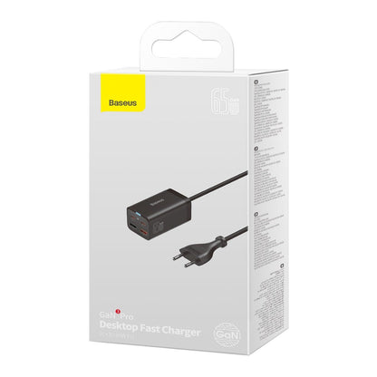 Baseus GaN3 Pro USB-C Network Charger with Cable, 65W, 3A, 2 x USB-A - 2 x USB-C, Black CCGP04010101