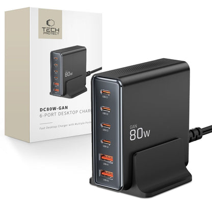 Chargeur réseau Tech-Protect DC80W, 80W, 3A, 2 x USB-A - 4 x USB-C, noir 