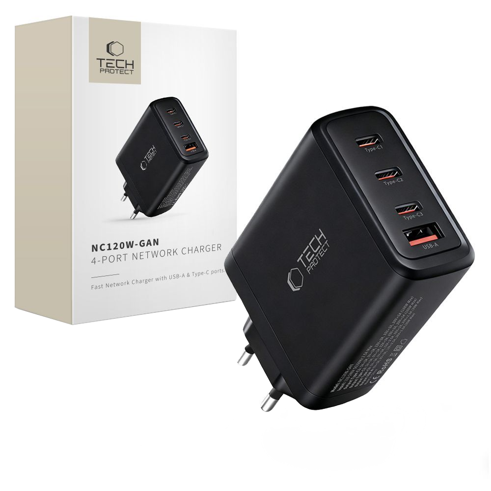 Netwerkoplader Tech-Protect NC120W-GAN, 120W, 5A, 1 x USB-A - 3 x USB-C, Zwart