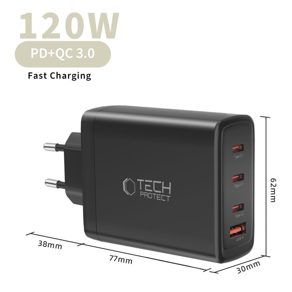 Netwerkoplader Tech-Protect NC120W-GAN, 120W, 5A, 1 x USB-A - 3 x USB-C, Zwart