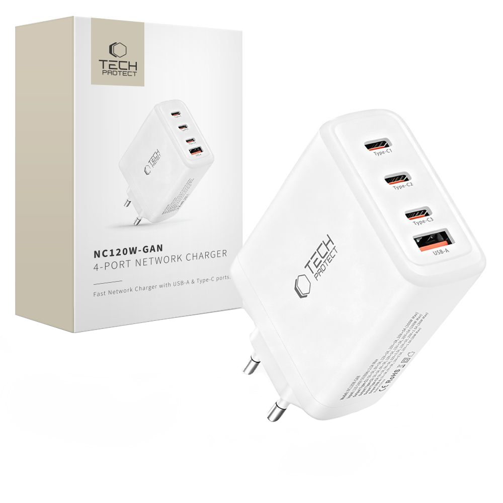 Chargeur Réseau Tech-Protect NC120W-GAN, 120W, 5A, 1 x USB-A - 3 x USB-C, Blanc