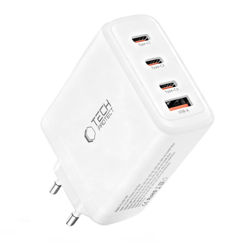 Netwerkoplader Tech-Protect NC140W-GAN, 140W, 5A, 1 x USB-A - 3 x USB-C, Wit